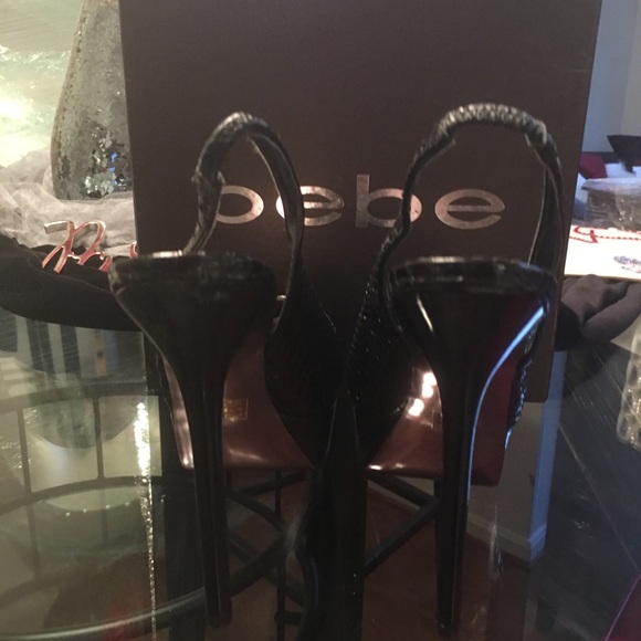 Bebe Black Snake Peeptoe Heels (Size 10) - Picture 3 of 4